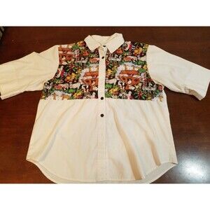 Rhymes Noah Ark Womens Short Sleeve Button Up Shirt Size Petite Medium